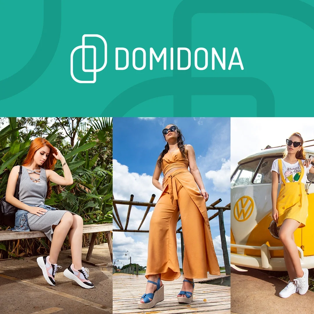Cartão da Domidona: a assinatura em branco sobre o verde da marca e, abaixo, três fotos de campanha com modelos de tênis e sandálias.