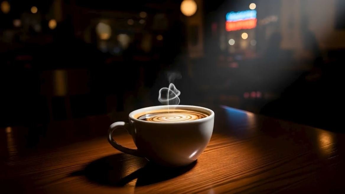 Xícara de café com desenho no creme, fumegando sobre um balcão de madeira, com luzes desfocadas ao fundo