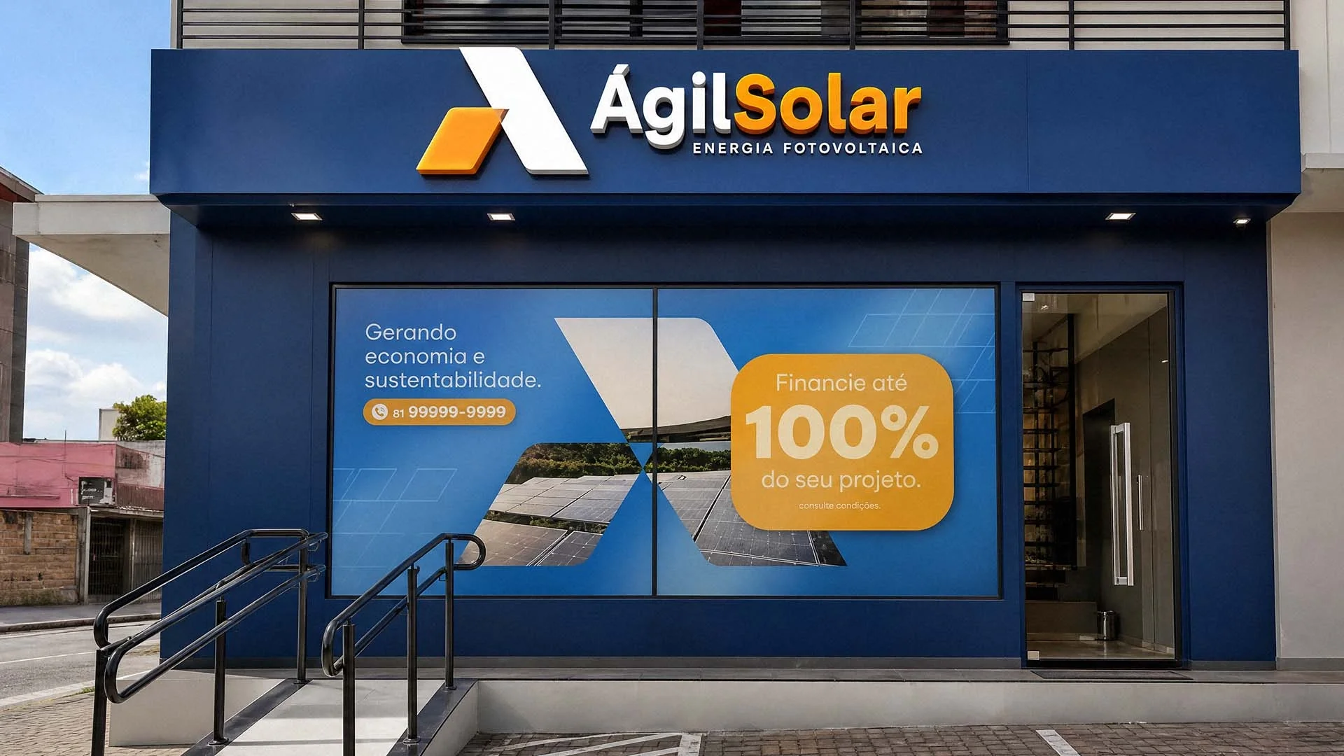 Fachada de uma unidade franqueada da Ágil Solar: letreiro azul com a assinatura em relevo e vitrine com a chamada “Gerando economia e sustentabilidade” e a oferta “Financie até 100% do seu projeto”.