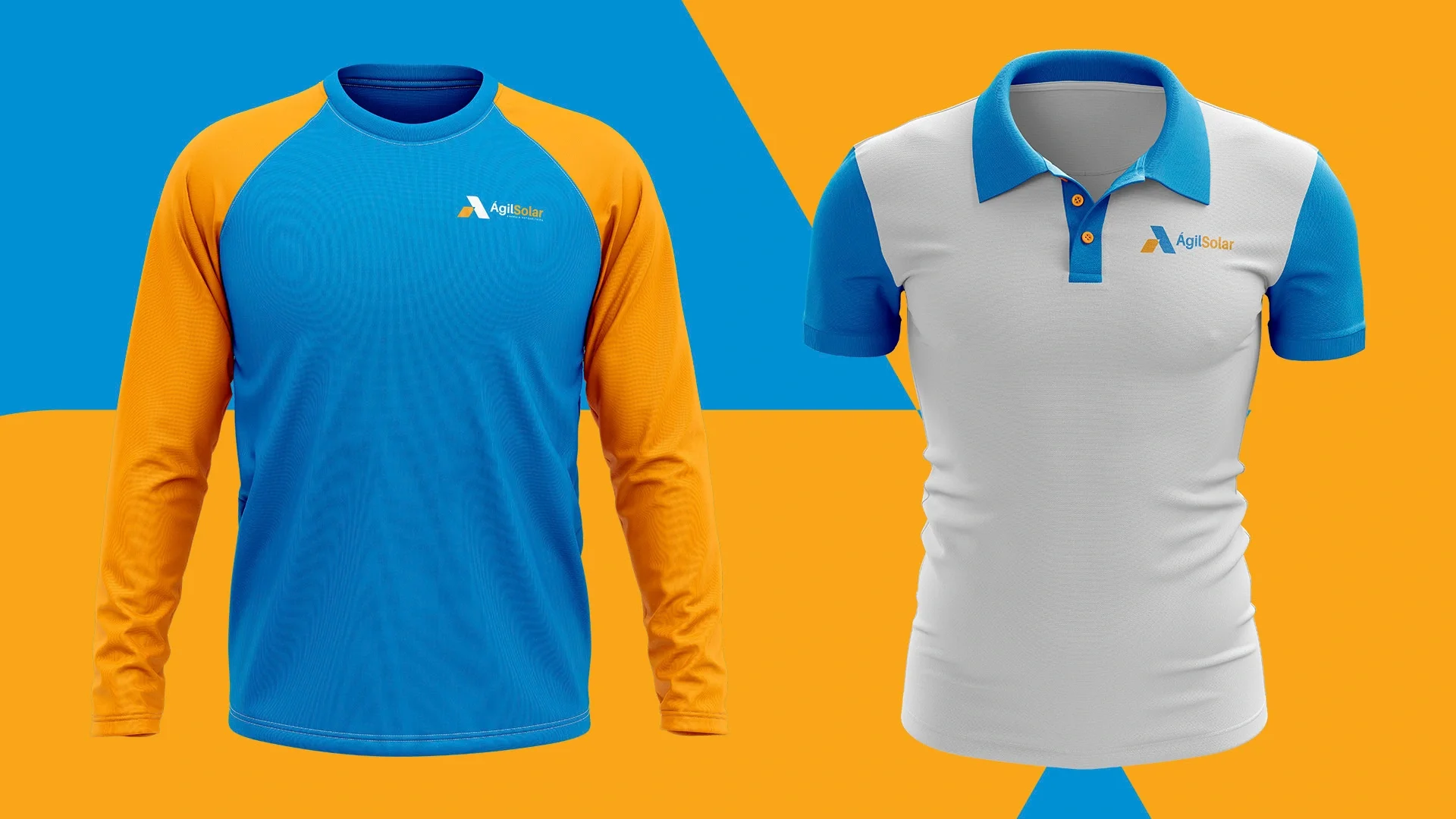 Duas peças do uniforme da Ágil Solar sobre fundo azul e laranja: camiseta de manga longa azul com mangas laranja e camisa polo branca com detalhes azuis.