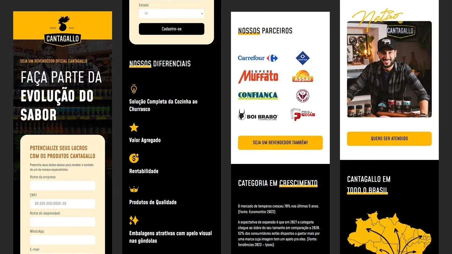 Quatro telas da landing de revendedores da Cantagallo: o formulário “Faça parte da evolução do sabor”, a lista de diferenciais, a grade de parceiros com Carrefour, Sam’s Club e Assaí, e o mapa da distribuição nacional.