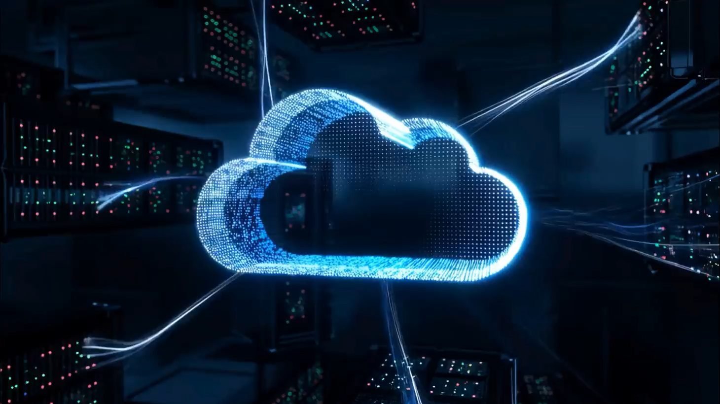 Nuvem desenhada em pontos de luz azul, ligada por fios luminosos a corredores de servidores num data center escuro.