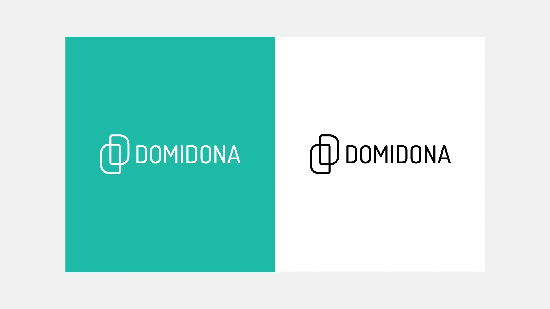 As duas versões da assinatura da Domidona lado a lado: em branco sobre o verde da marca e em preto sobre branco, com o símbolo à esquerda do nome em linha única.