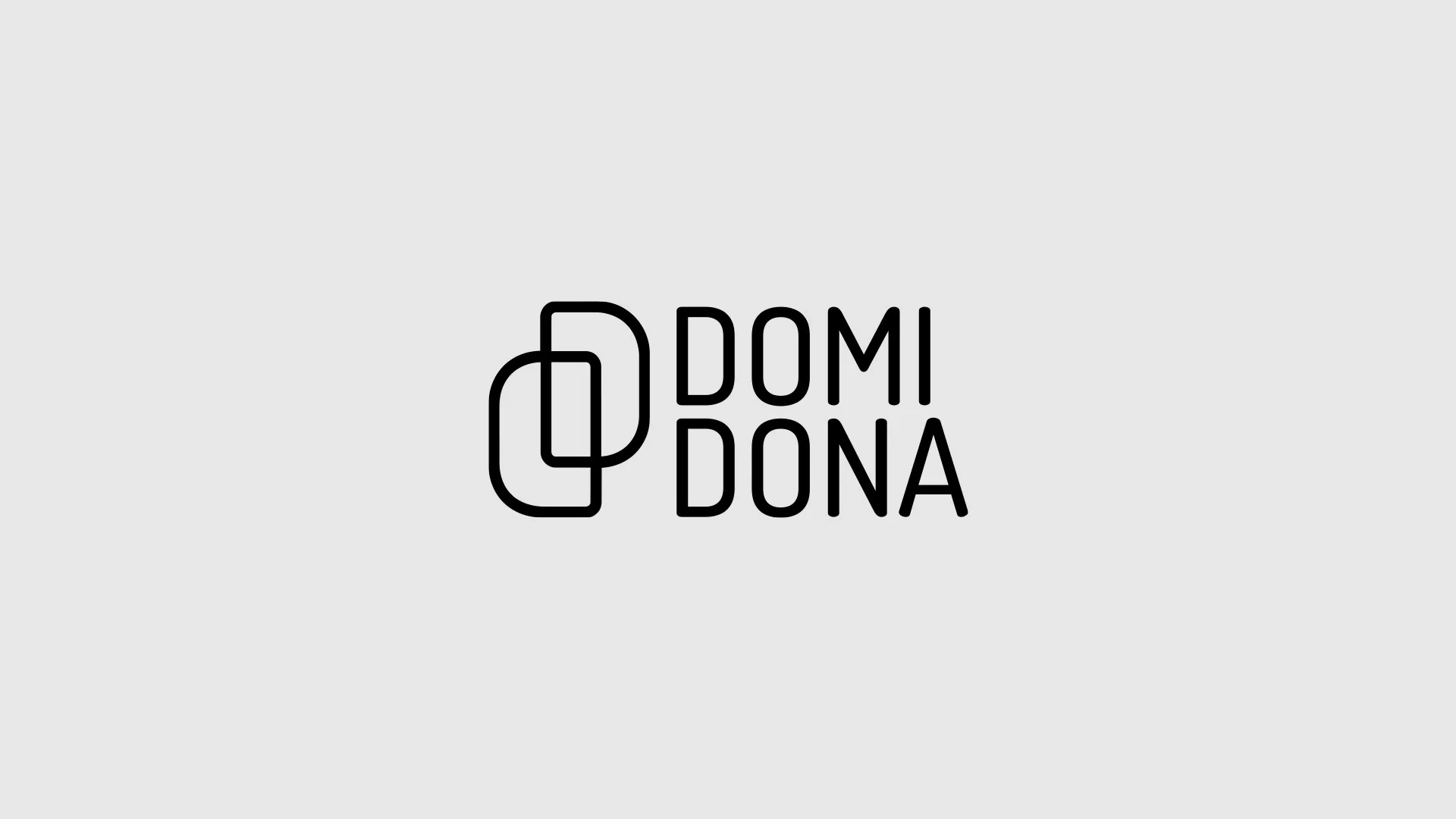 A assinatura da Domidona sobre fundo cinza-claro: o símbolo de dois retângulos arredondados entrelaçados, ao lado do nome em duas linhas, DOMI e DONA.