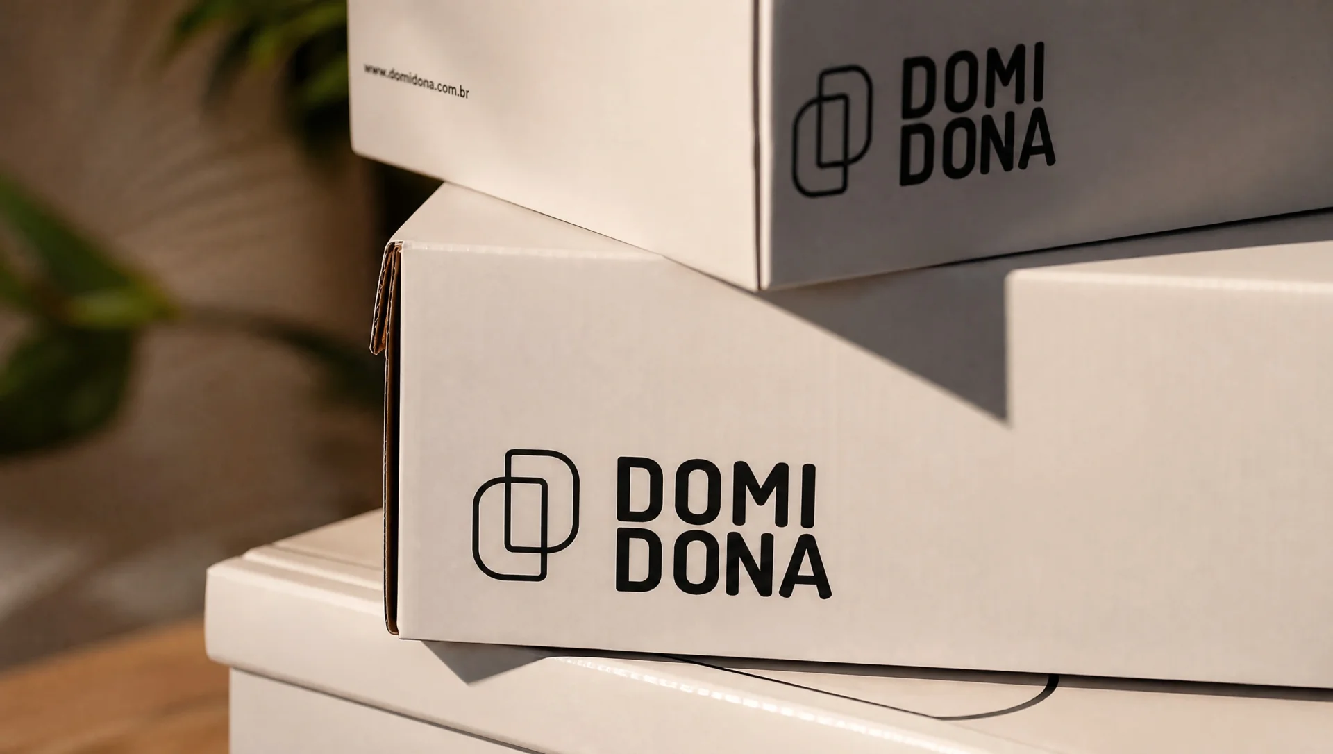 Caixas de calçado da Domidona empilhadas, em papelão claro, com a assinatura da marca impressa em preto e o endereço do site.