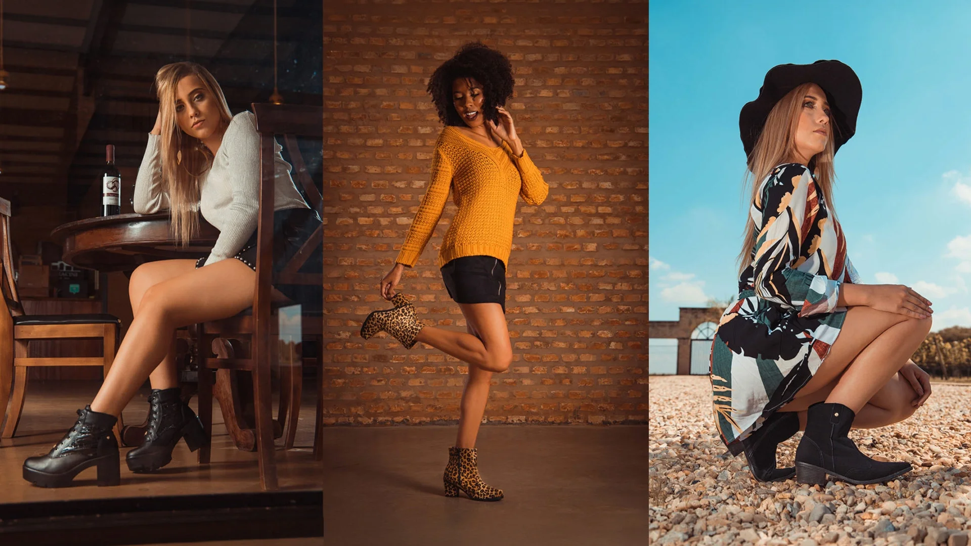 Três fotos de campanha lado a lado: modelos de bota preta de salto, bota de oncinha e bota de cano curto, em cenários diferentes.