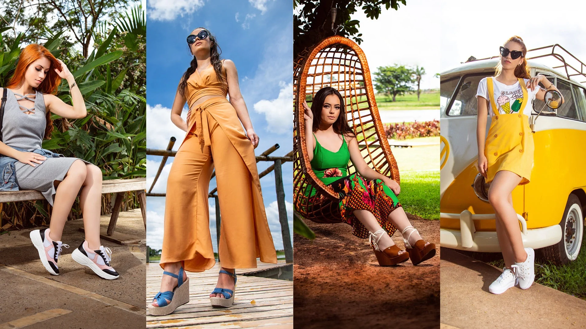 Quatro fotos de campanha lado a lado: modelos com tênis chunky, sandália anabela, sandália plataforma e tênis branco, em cenários ao ar livre.