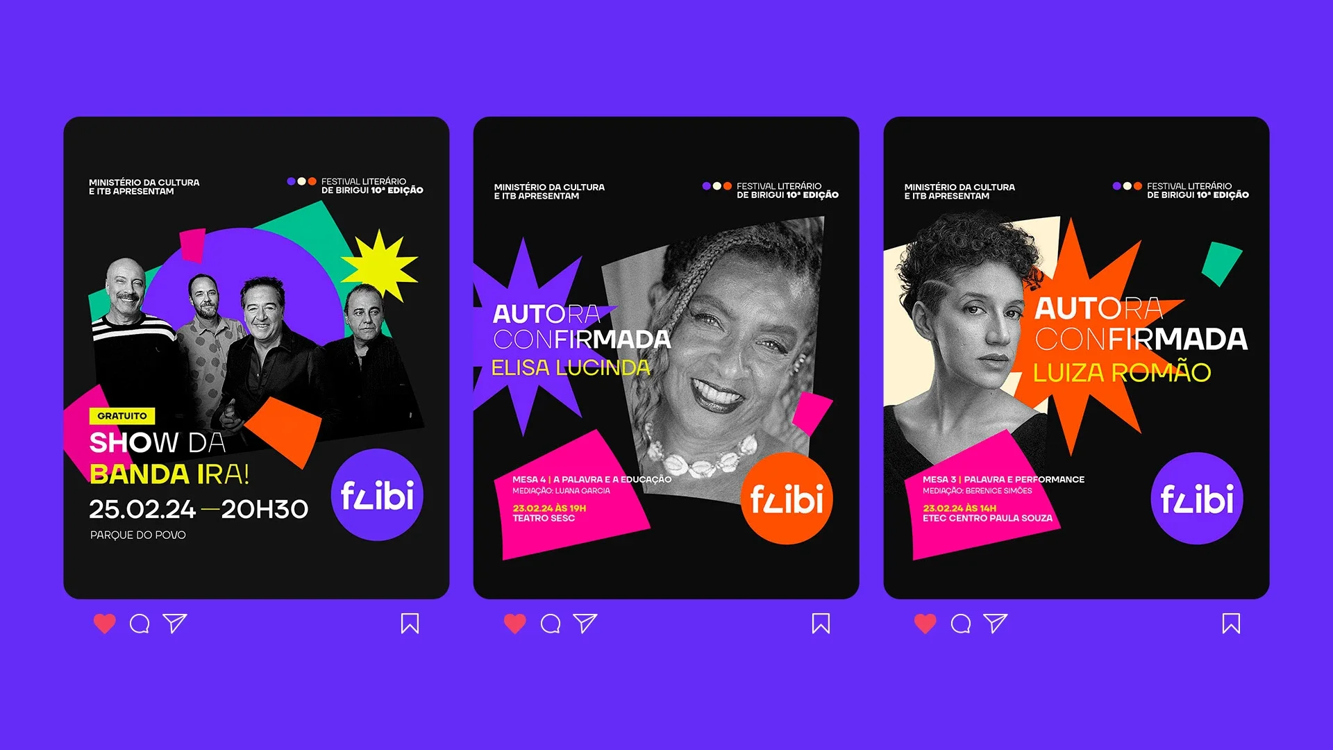 Três posts do Flibi sobre fundo roxo: o show da banda IRA!, e as autoras confirmadas Elisa Lucinda e Luiza Romão, cada uma com mesa, mediação, data e local.