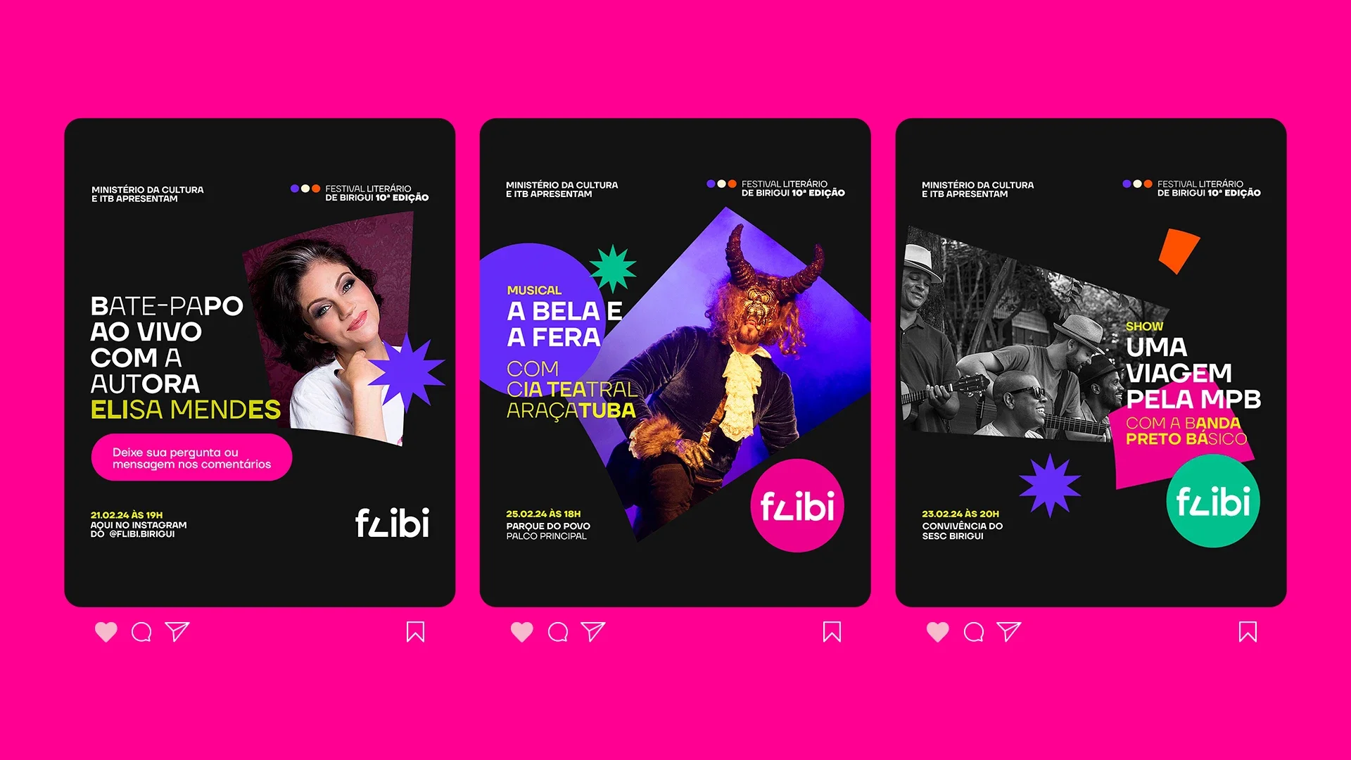 Três posts do Flibi sobre fundo magenta: o bate-papo ao vivo com a autora Elisa Mendes, o musical A Bela e a Fera da Cia Teatral Araçatuba, e o show Uma Viagem pela MPB com a banda Preto Básico.