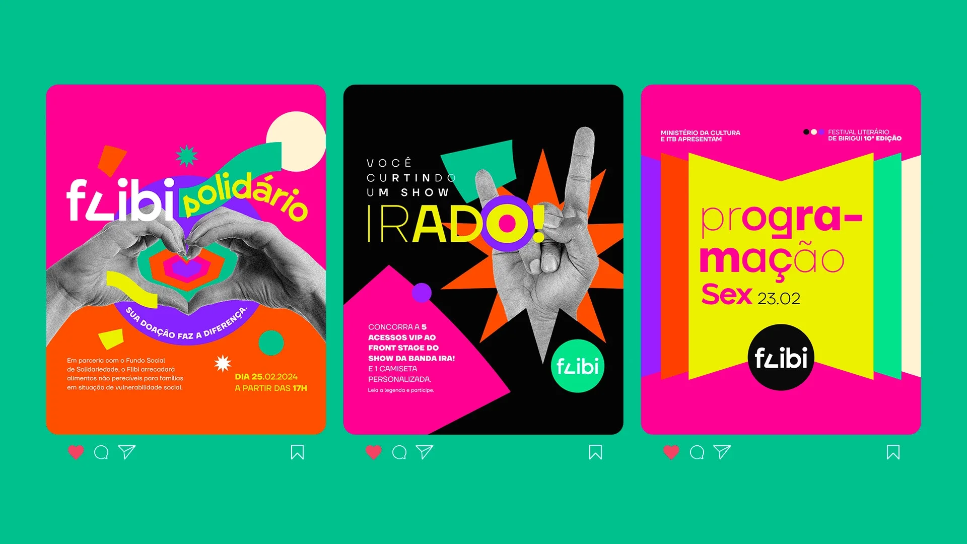 Três posts do Flibi sobre fundo verde: a campanha Flibi Solidário de arrecadação de alimentos, o sorteio de acessos VIP ao show, e a programação de sexta-feira.