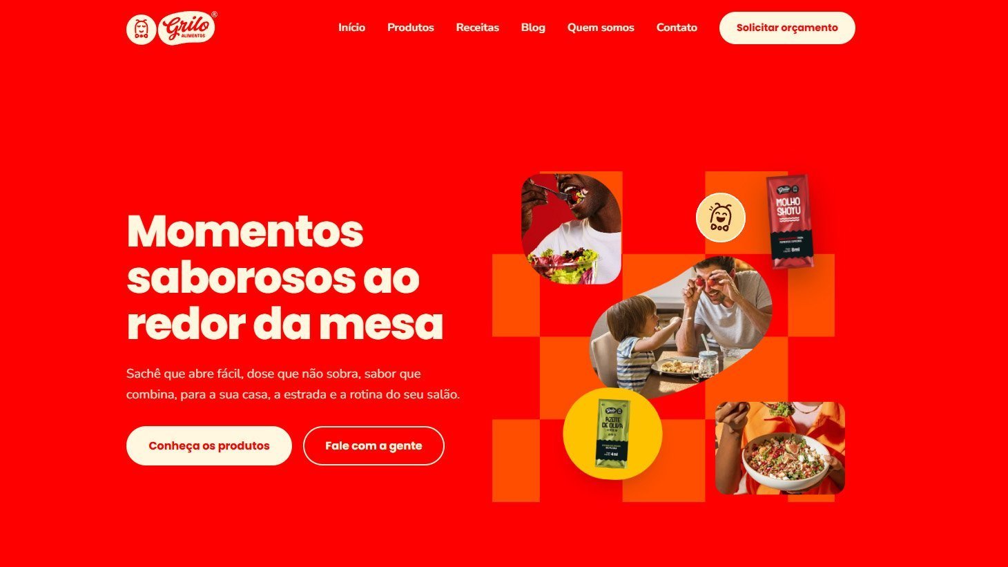 Home do site da Grilo com a chamada "Momentos saborosos ao redor da mesa", sachês e fotos de refeições sobre fundo vermelho