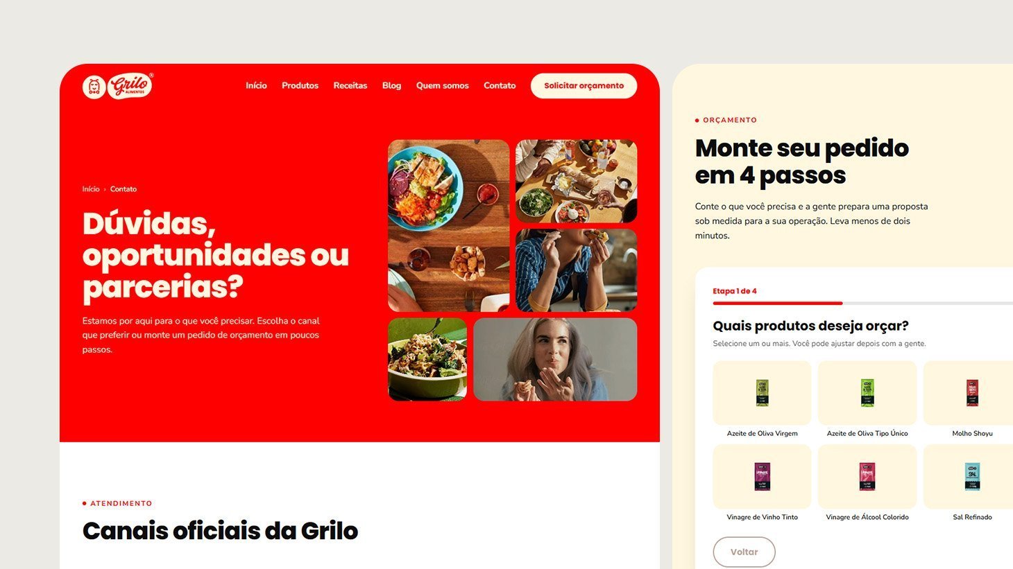 Página de contato ao lado do formulário de orçamento em quatro passos, com seleção de produtos