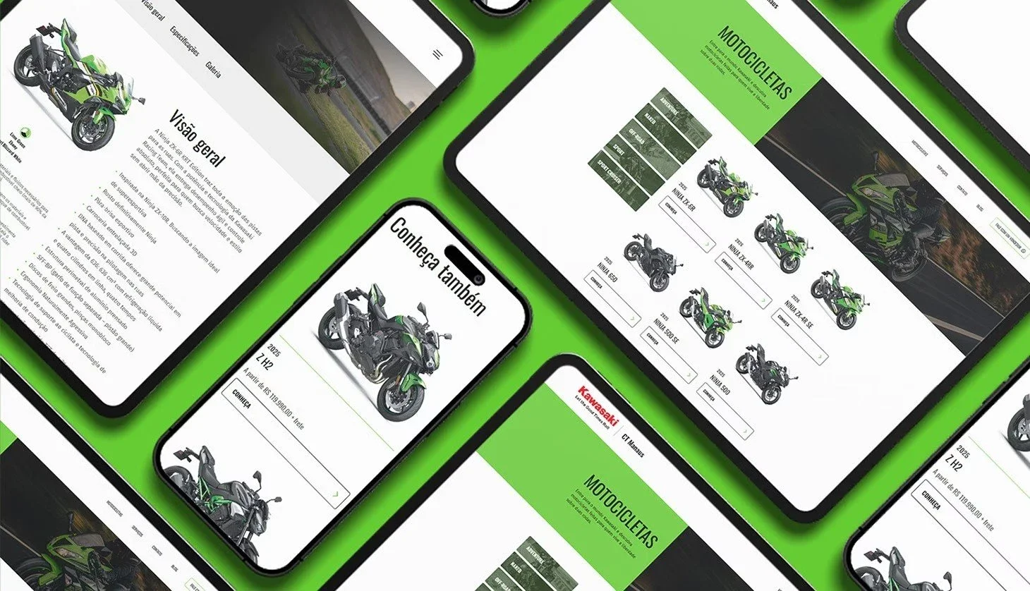Várias telas do site da Kawasaki CT Manaus em perspectiva sobre fundo verde: a página de um modelo com a visão geral, o showroom de motocicletas por categoria e o celular com a seção “Conheça também”.