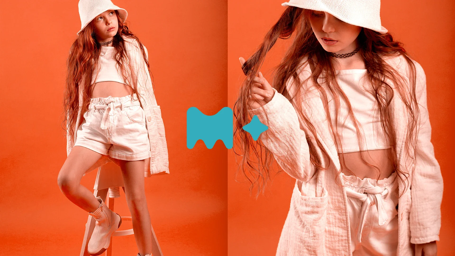 Duas fotos de campanha da Meadd sobre fundo laranja: uma menina de chapéu branco e conjunto off-white apoiada numa banqueta e, ao lado, o retrato dela mexendo no cabelo, separadas pelo M turquesa da marca.