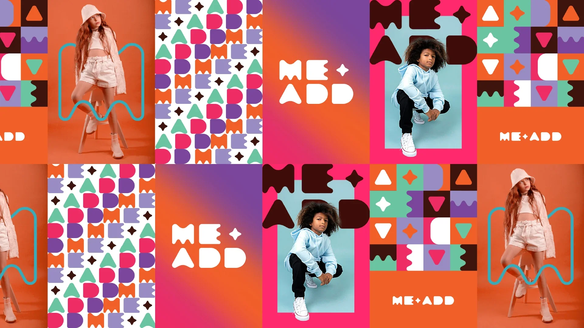 Mosaico de peças da marca Meadd: painéis do padrão geométrico colorido, a assinatura ME•ADD em branco sobre gradiente laranja e roxo, e fotos de duas crianças — uma de conjunto off-white sobre banqueta e outra de moletom azul agachada.