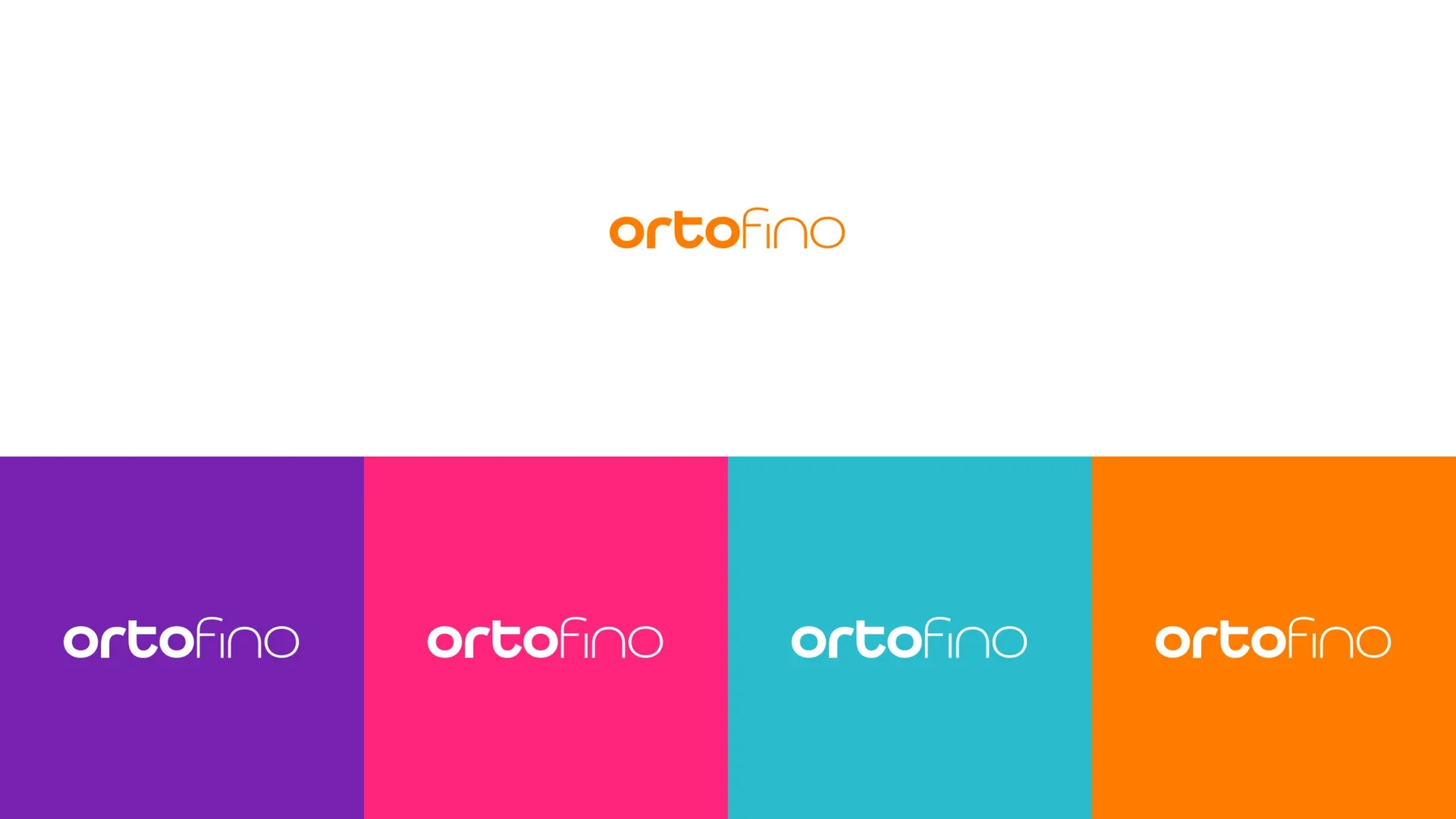 O logotipo da Ortofino em laranja sobre branco e, abaixo, repetido em branco sobre quatro faixas com as cores da marca: roxo, rosa, turquesa e laranja.