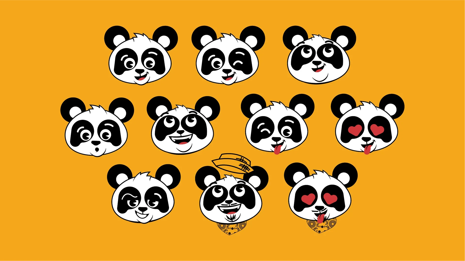 Dez expressões da carinha do mascote da Pandoka sobre fundo amarelo: sorrindo, piscando, de sobrancelha erguida, surpresa, gargalhando, de língua para fora, de olhos de coração, de boné e de lenço.