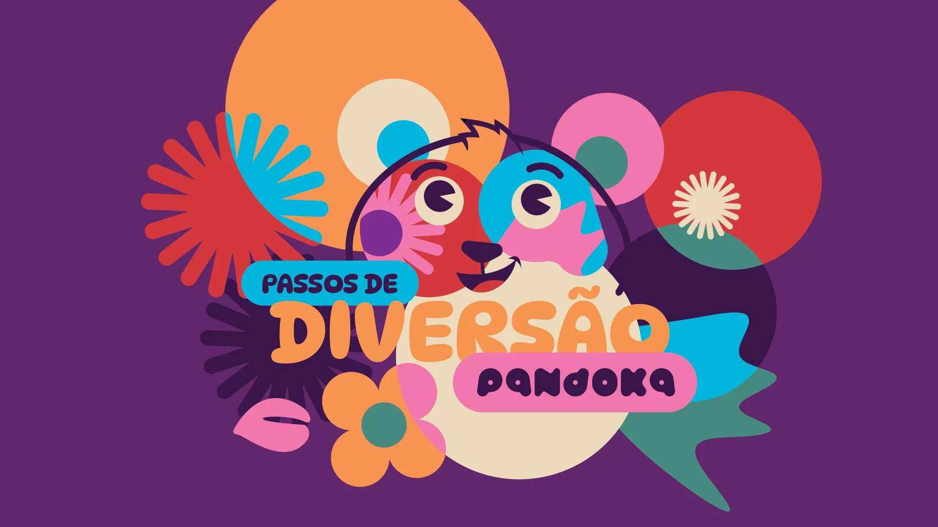 O key visual da Pandoka: a cara do mascote desenhada em azul e rosa, de sobrancelha erguida, cercada de flores, círculos e explosões em laranja, vermelho, roxo e turquesa, com o selo “Passos de Diversão” e a assinatura pandoka.
