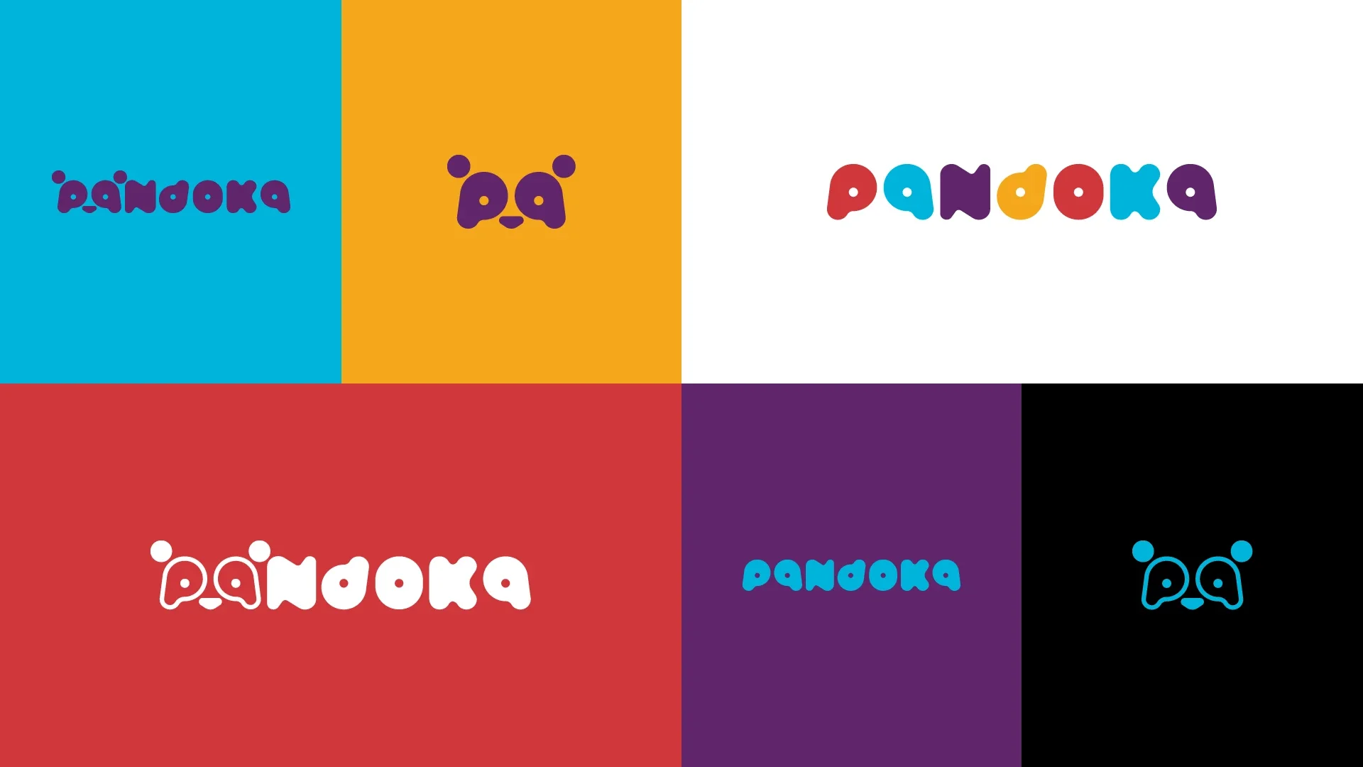 As versões do logotipo da Pandoka numa grade de seis quadros: a assinatura em roxo sobre azul, o símbolo da carinha em roxo sobre amarelo, o logotipo colorido sobre branco, em branco sobre vermelho, em azul sobre roxo e o símbolo em azul sobre preto.
