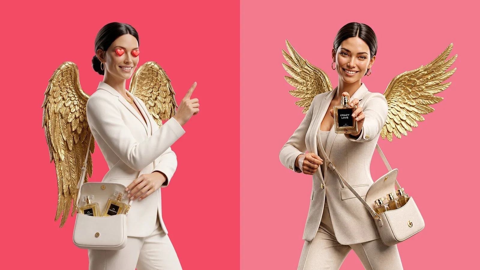 Dois quadros da campanha Cupido da Sacratu: a Sara de asas douradas e olhos em coração, e a versão apontando para a frente com a bolsa de frascos a tiracolo.