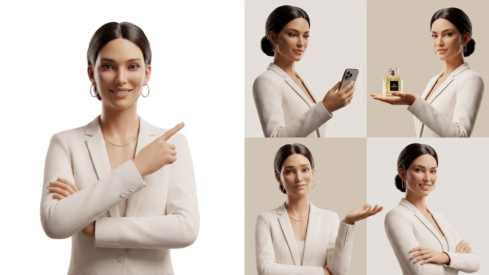 A consultora virtual Sara, avatar 3D de terno off-white, apontando para o lado, ao lado de uma prancha com quatro expressões: ao celular, apresentando um frasco, indicando e de braços cruzados.