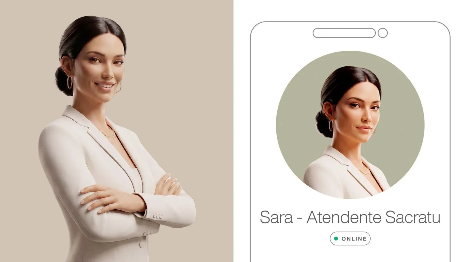A Sara de braços cruzados ao lado da simulação do perfil no WhatsApp, com a foto redonda, o nome “Sara - Atendente Sacratu” e o selo ONLINE.