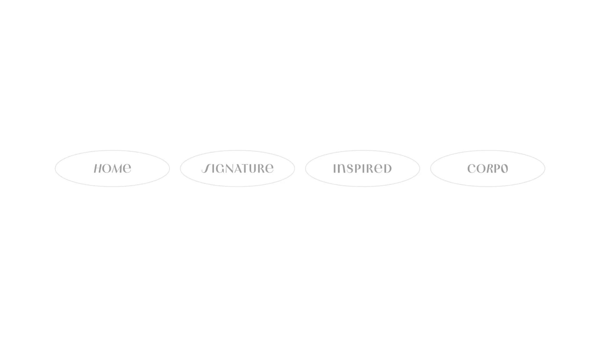 Os quatro selos de segmento da Sacratu em fileira, cada um dentro de um contorno oval: HOME, SIGNATURE, INSPIRED e CORPO.