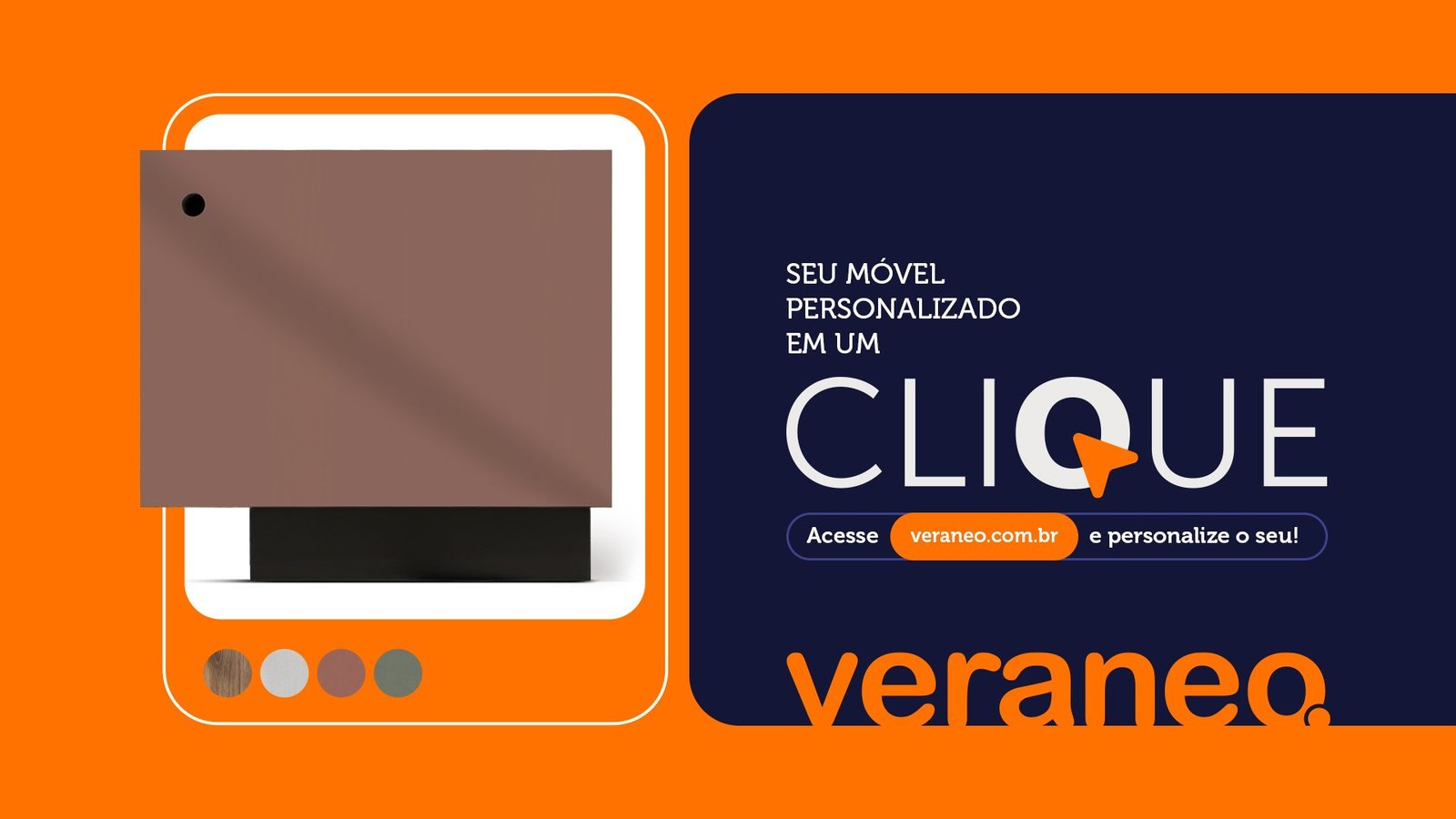 Peça de campanha em laranja com uma mesa de cabeceira rosada e a chamada “Seu móvel personalizado em um clique”.