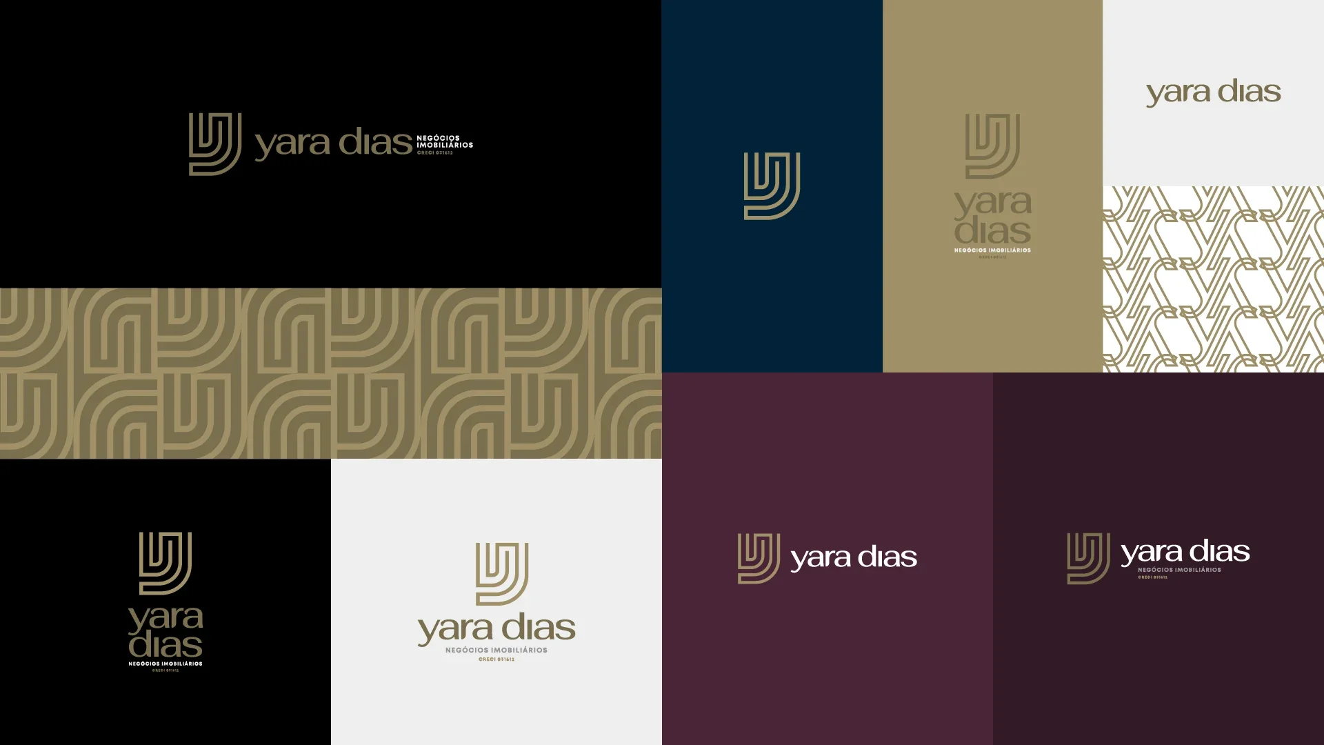Grade com as versões do logotipo da Yara Dias: o monograma e a assinatura em dourado sobre preto, sobre azul-noite, sobre vinho e sobre off-white, ao lado do padrão gráfico formado pela repetição do monograma.