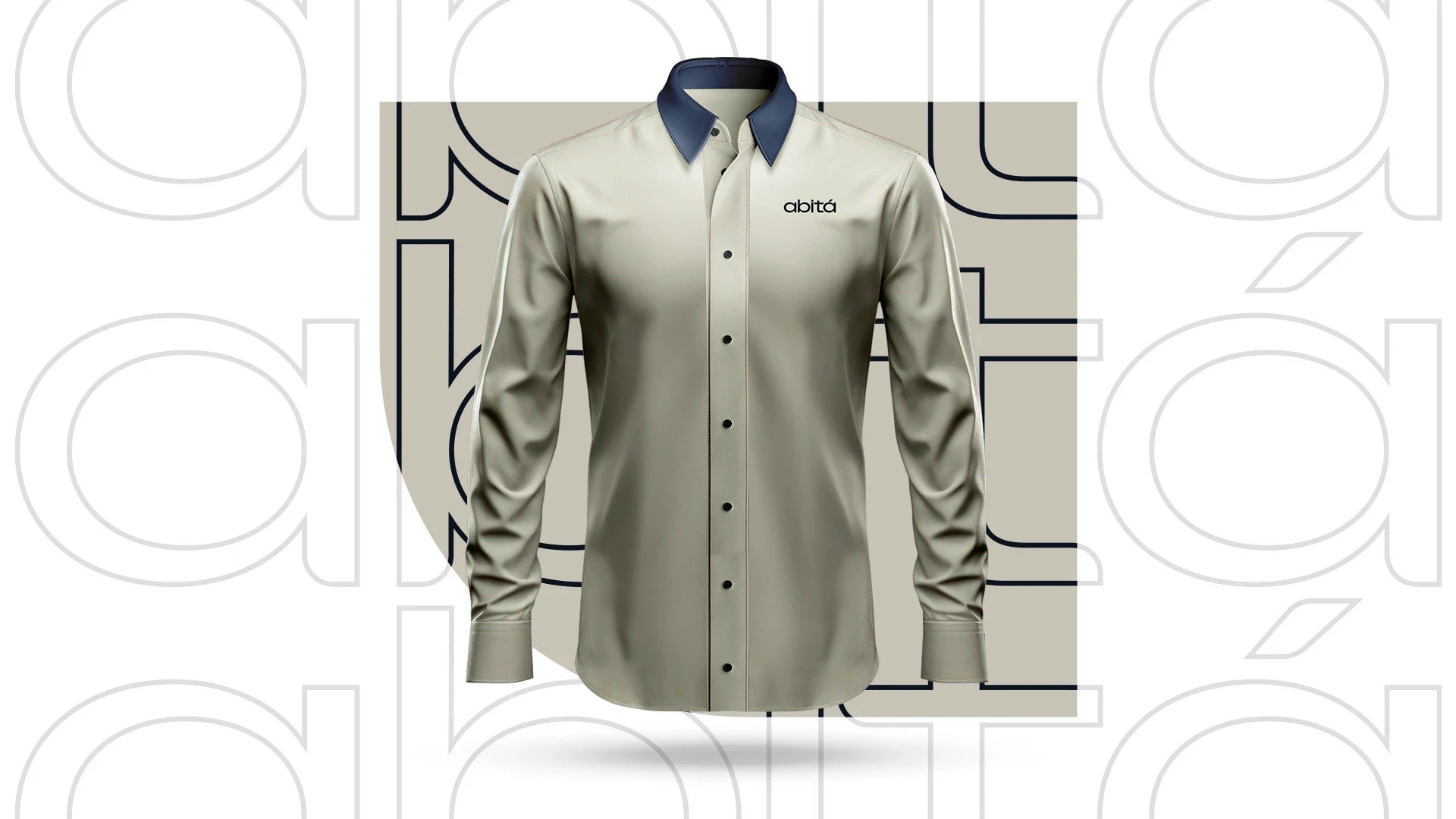 Camisa social bege com a assinatura abitá bordada no peito, sobre o padrão do lettering em contorno.
