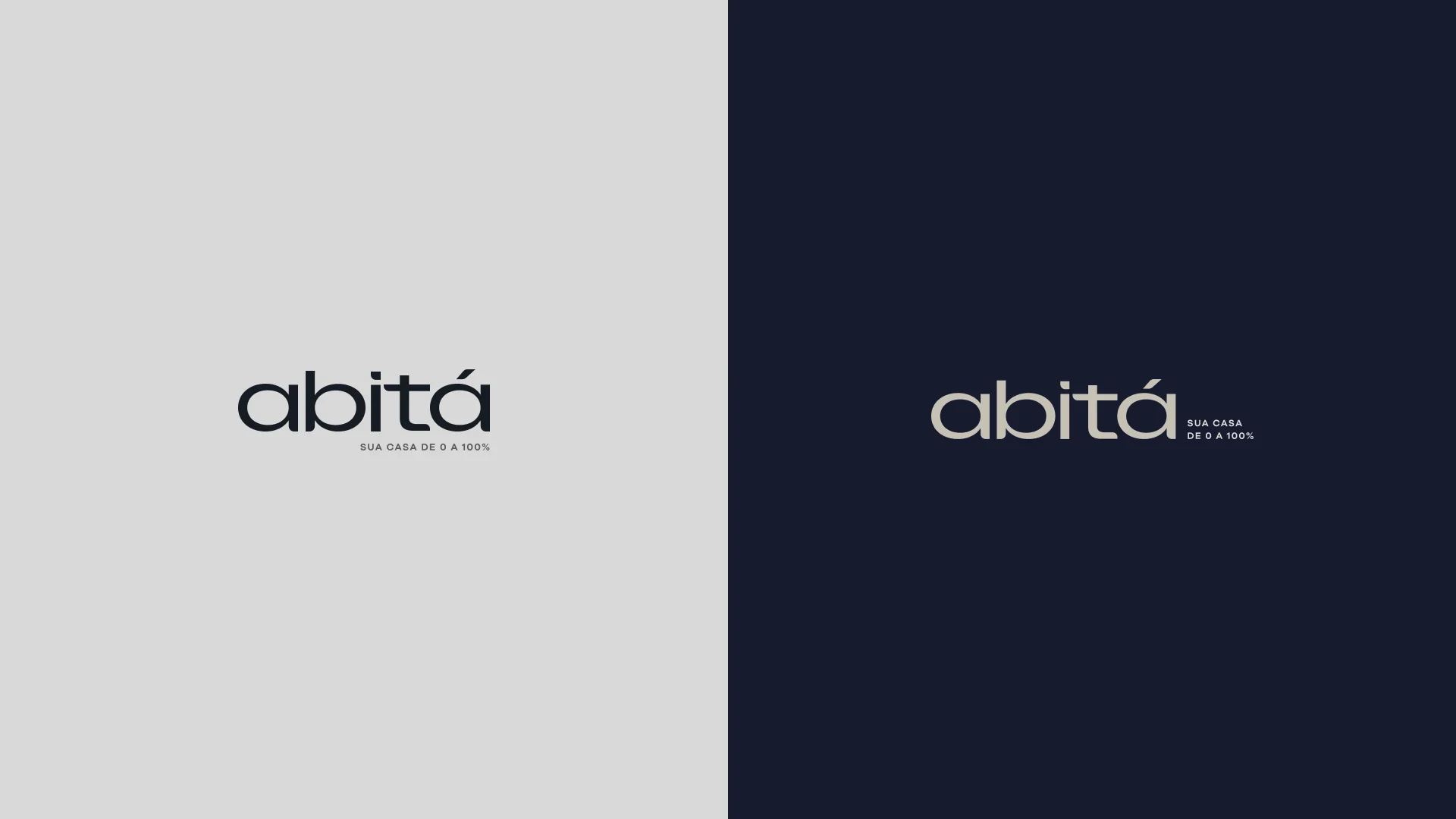 As duas versões do logotipo da Abitá lado a lado: em azul-noite sobre cinza-claro, com a assinatura “sua casa de 0 a 100%” embaixo, e em bege sobre azul-noite, com a assinatura ao lado.