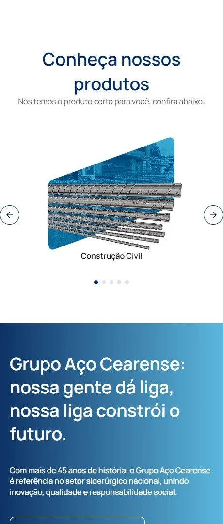 Tela do site no celular com o carrossel “Conheça nossos produtos”, a categoria Construção Civil em destaque, e o bloco institucional do grupo logo abaixo.