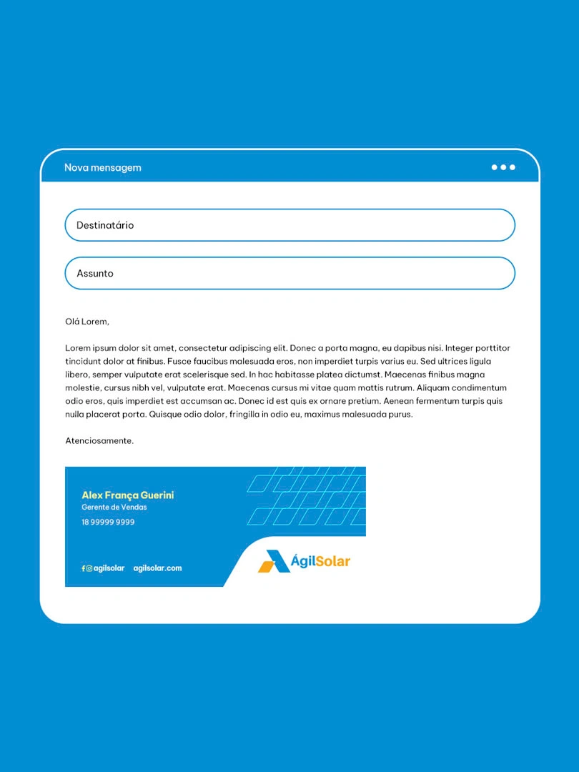 Modelo de e-mail da Ágil Solar com a assinatura de rodapé: nome, função, telefone e redes, ao lado do símbolo e da malha de placas.