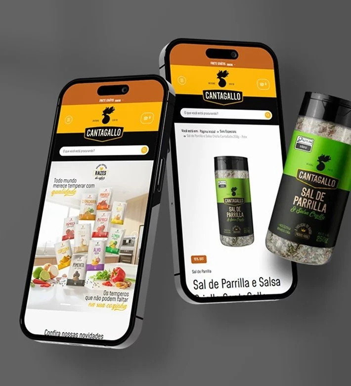 Dois celulares em perspectiva com a loja da Cantagallo aberta — a home e a página do Sal de Parrilla e Salsa Criolla — ao lado do pote do produto em tamanho real.