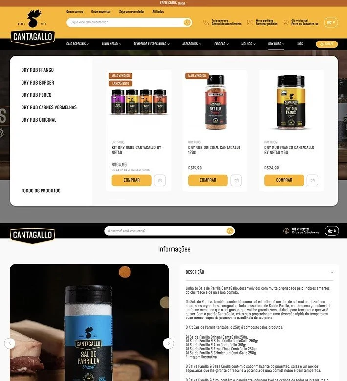 Duas telas da loja da Cantagallo: o menu de Dry Rubs aberto, com os cartões de produto e os selos de mais vendido, e abaixo a página de produto do Sal de Parrilla com a aba de descrição.
