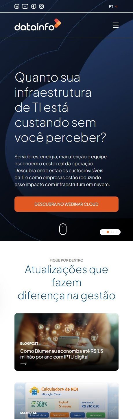 Home da Datainfo no celular: a chamada “Quanto sua infraestrutura de TI está custando sem você perceber?” e, abaixo, a seção de conteúdos com blogpost e calculadora de ROI.