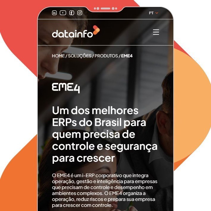 Página do produto EME4 aberta num celular, com o título “Um dos melhores ERPs do Brasil para quem precisa de controle e segurança para crescer” sobre foto de uma reunião de equipe.