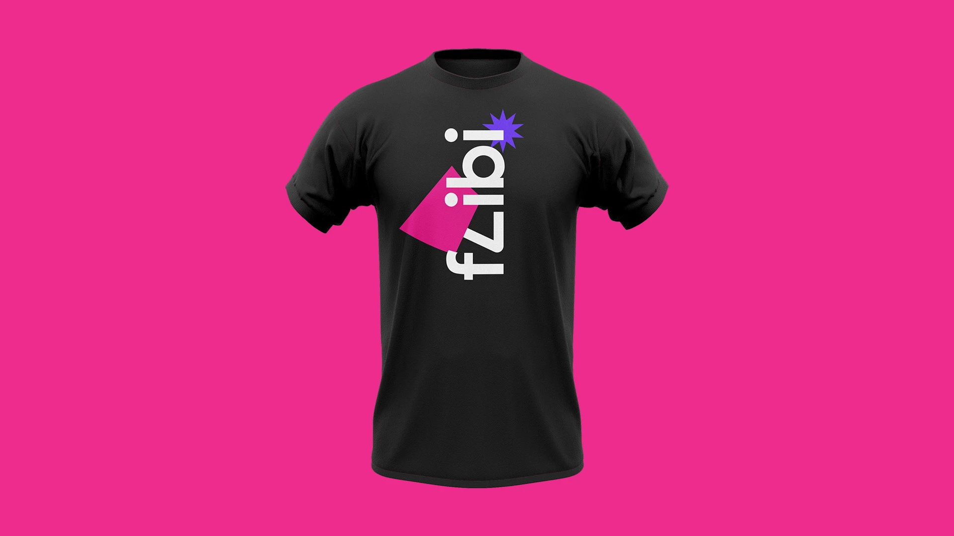 Camiseta preta com a assinatura do Flibi na vertical, em branco, rosa e roxo, sobre fundo magenta.