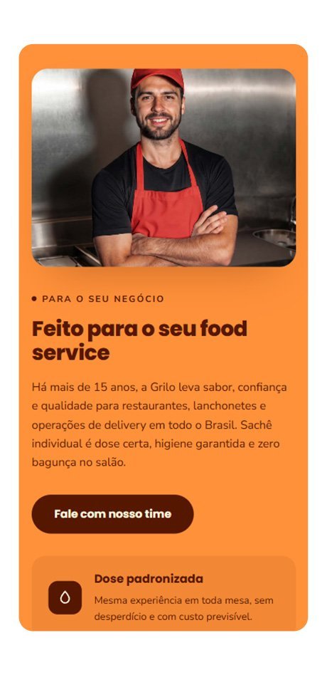 Seção "Feito para o seu food service" no celular, com foto de cozinheiro e o argumento de dose padronizada