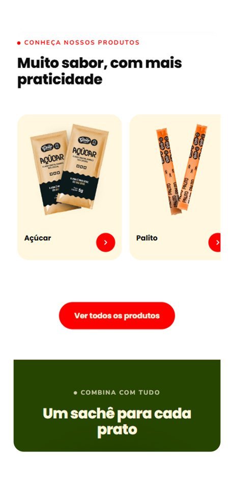 Vitrine de produtos no celular, com os sachês de açúcar e de palito