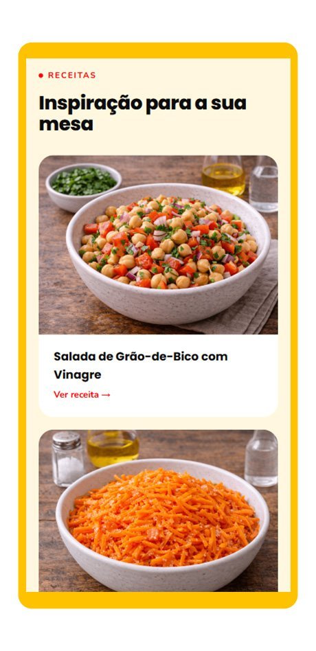 Seção de receitas no celular, com salada de grão-de-bico e cenoura ralada