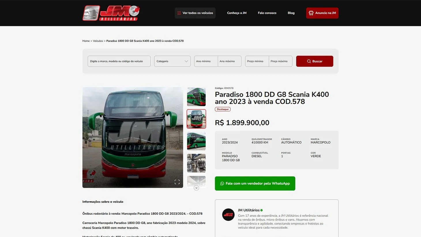 A página de um veículo no site: um Paradiso 1800 DD G8 Scania K400 2023 por R$ 1.899.900, com a ficha técnica, a galeria e o botão de falar com um vendedor pelo WhatsApp.