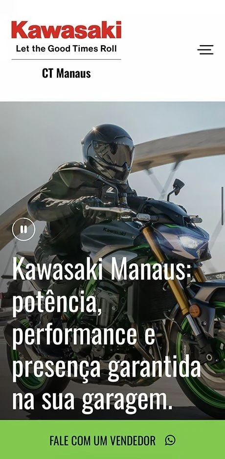 Home do site no celular, com o cabeçalho da Kawasaki CT Manaus, o banner do piloto na ponte e a barra fixa “Fale com um vendedor”.