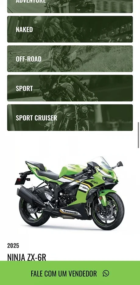 Tela do showroom no celular, com os filtros por categoria — Adventure, Naked, Off-Road, Sport e Sport Cruiser — e o cartão da Ninja ZX-6R 2025.