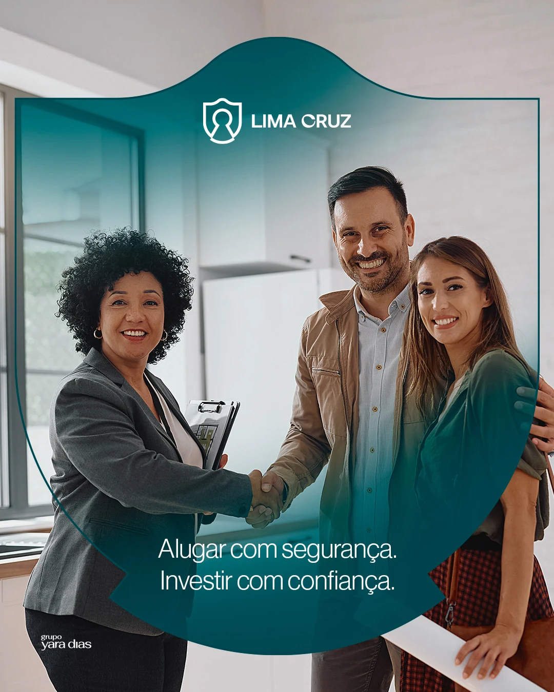 Post da Lima Cruz: um casal apertando a mão de uma consultora, sob um arco verde com a marca, e a frase “Alugar com segurança. Investir com confiança.”.
