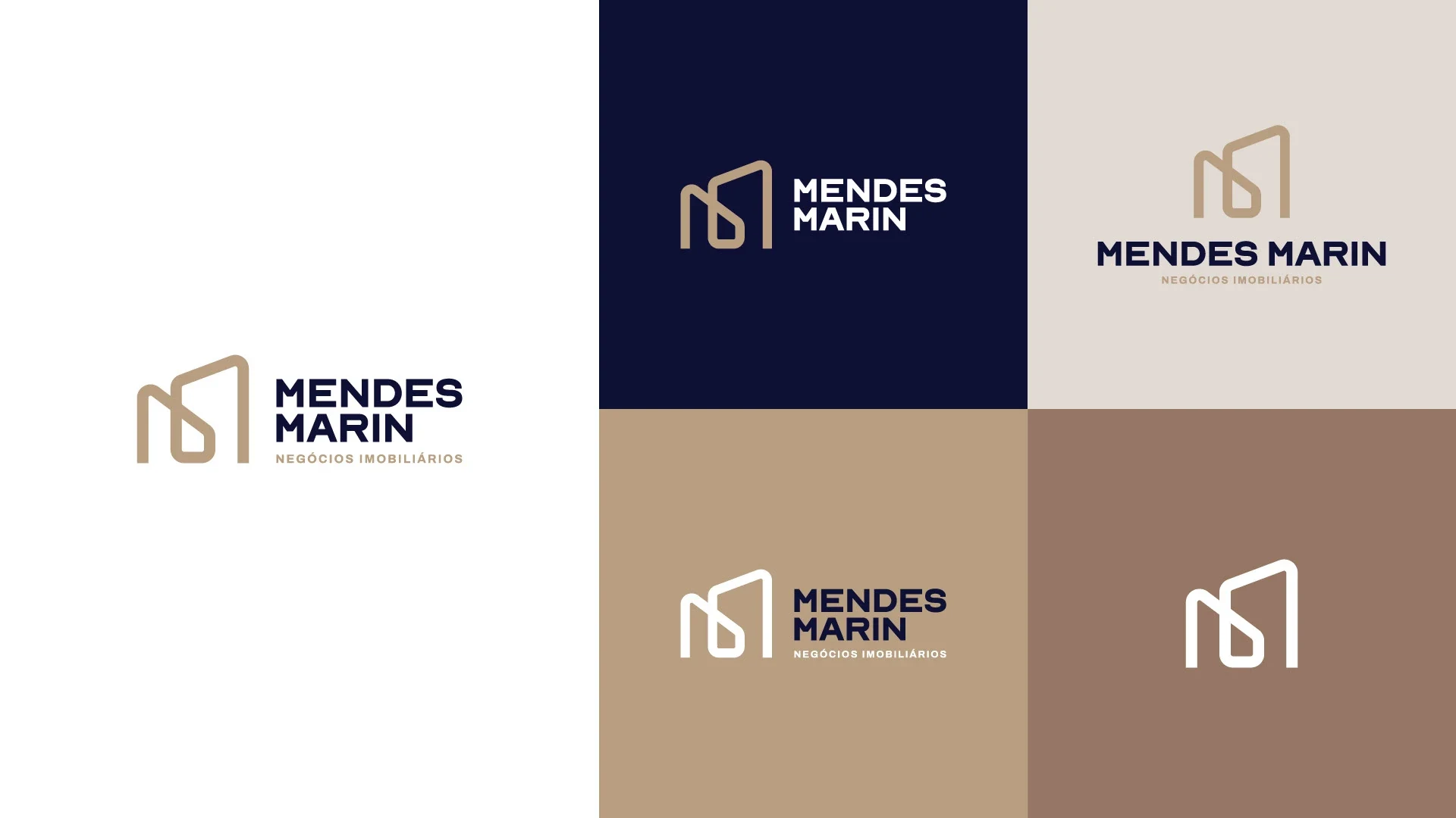 Grade com as versões do logotipo da Mendes Marin: o monograma em dourado sobre azul-noite, em dourado sobre off-white, em branco sobre bege e sobre marrom, sempre com a assinatura “negócios imobiliários”.