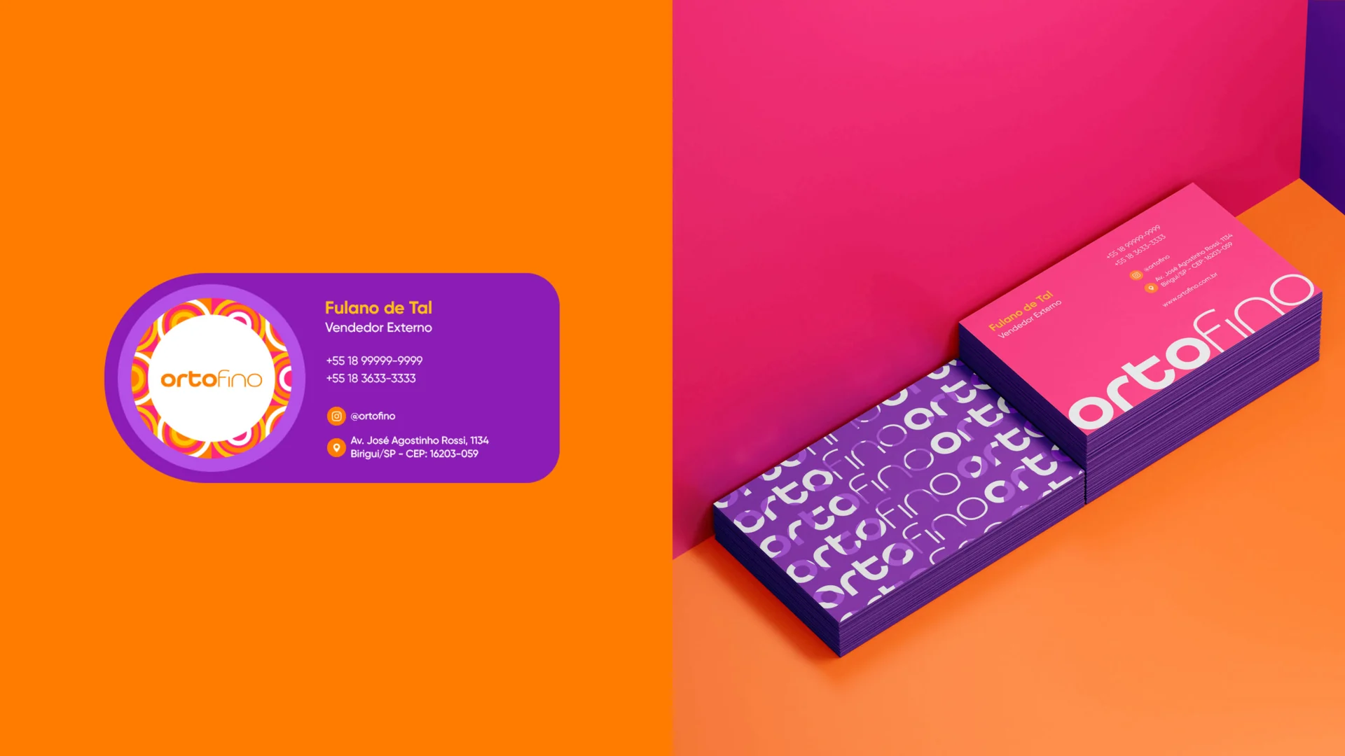 Cartão de visita da Ortofino em roxo, com o símbolo circular colorido e os dados de contato, ao lado de dois blocos de cartões empilhados — um roxo com o logotipo repetido e um rosa —, sobre fundo laranja e rosa.