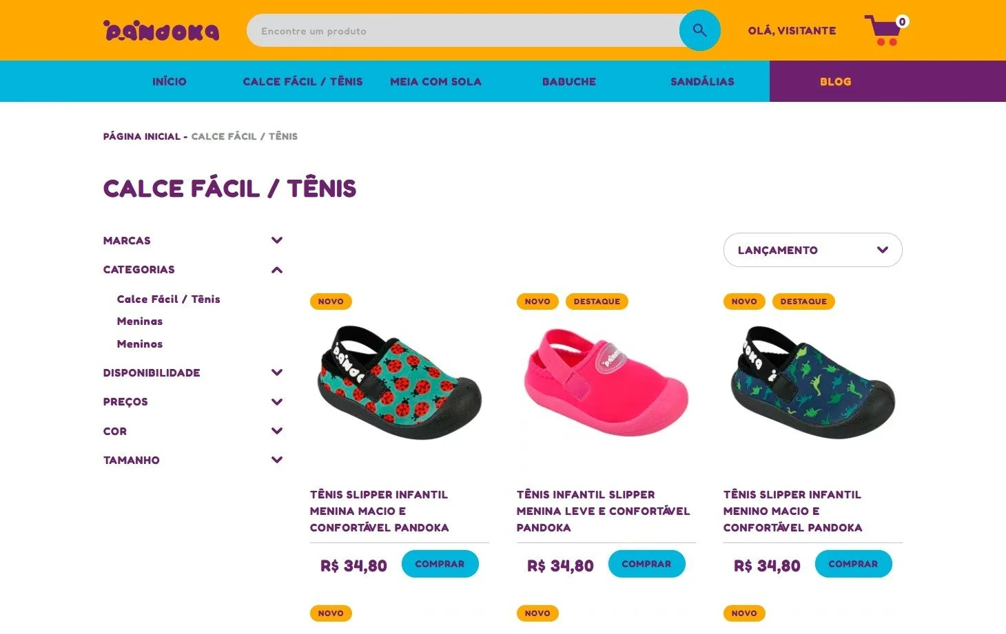 A vitrine da categoria Calce Fácil / Tênis na loja da Pandoka, com os filtros de marca, categoria, disponibilidade, preço, cor e tamanho à esquerda e os cartões de produto com selos de Novo e Destaque.