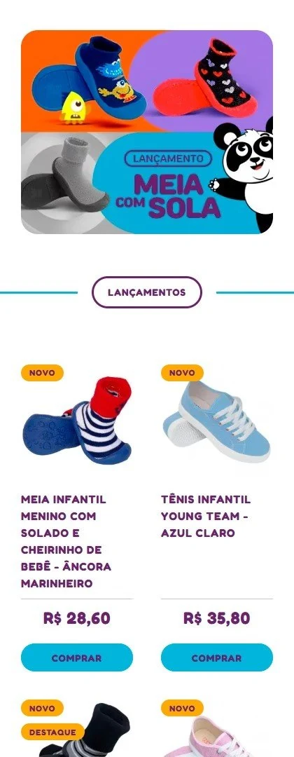 A loja da Pandoka no celular: os banners de lançamento da Meia com Sola e da linha de Sandálias, e a vitrine de lançamentos com preços e botões de compra.