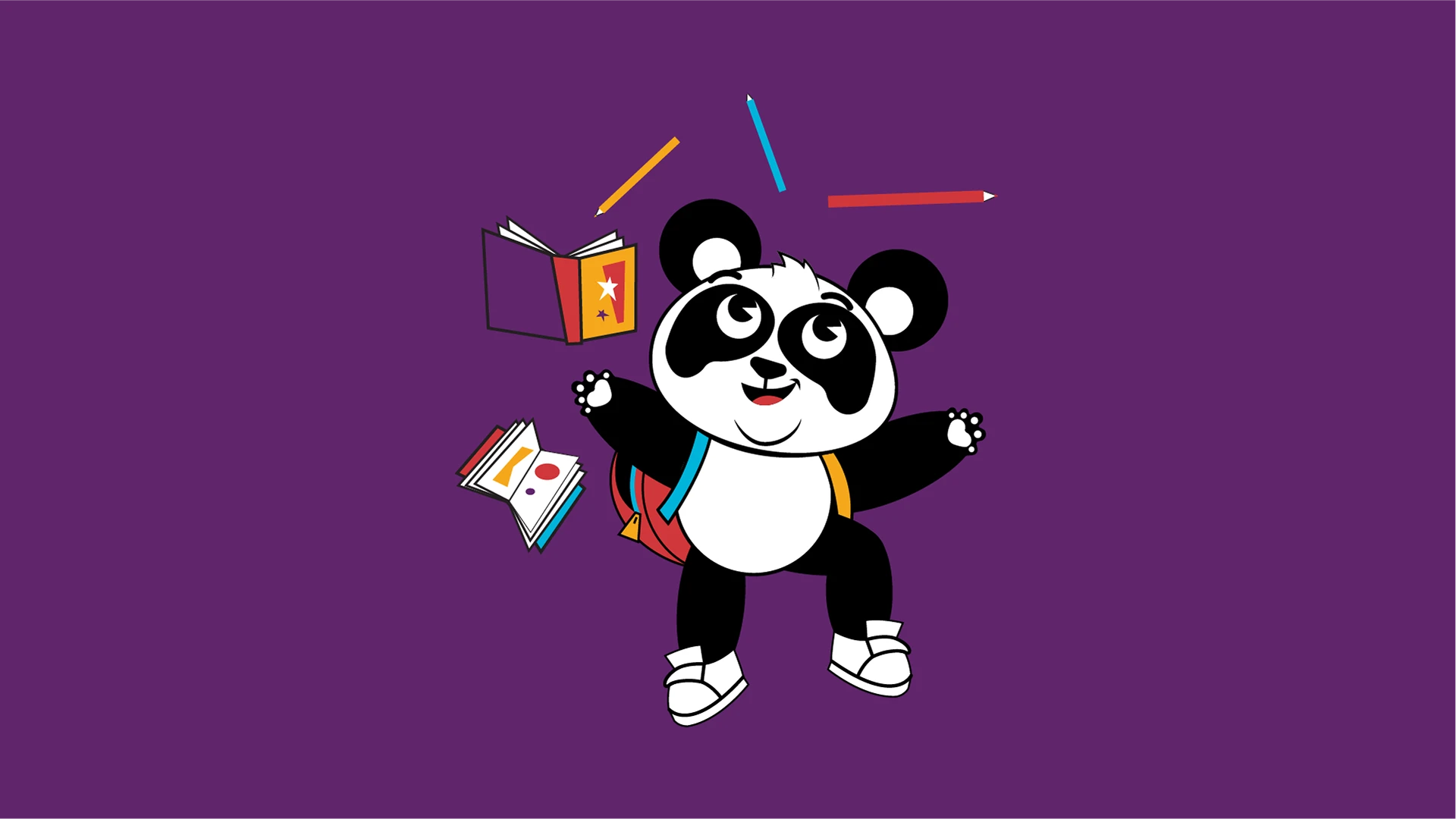 O mascote da Pandoka de mochila e braços erguidos, cercado de livros, lápis e um caderno no ar, sobre fundo roxo.